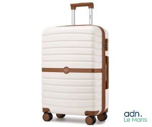 the suitcase is white and brown with a brown handle