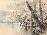 une image représentant un dessin d'une rivière avec des arbres et de l'eau