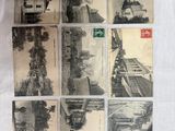 several old black and white photographs of a train and a building