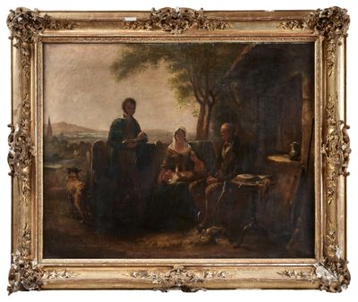 une peinture à l'huile représentant une famille dans un décor boisé, en compagnie d'un chien