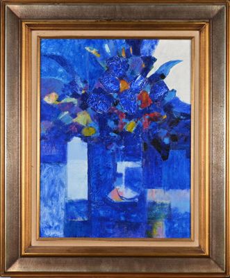 painting of a blue vase with flowers in it on a table