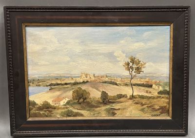 a painting of a landscape with trees and a river in the foreground