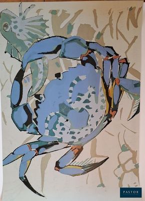 peinture représentant un crabe bleu sur fond beige, avec des caractères chinois