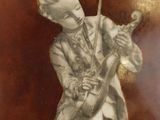 a picture of a boy holding a sword on a plaque
