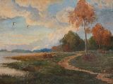 une image représentant un tableau représentant un paysage avec des arbres et de l'eau