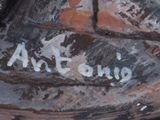 a close up of a statue of a dog with a name written on it