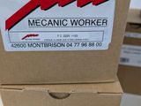 two boxes with some type of mechanical worker stickers on them