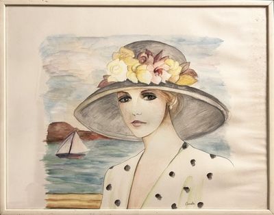 a painting of a woman wearing a hat with flowers on it