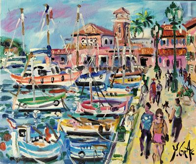 painting of boats in a harbor with people walking on the shore