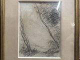 framed drawing of a landscape with a tree in the foreground