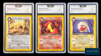 quatre cartes Pokémon différentes dans des pochettes en plastique, sur fond noir