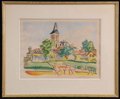 une image d'une aquarelle représentant un village avec une église