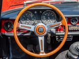 dashboard of a classic car with a wooden steering wheel and gauges