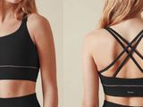 two pictures of a woman in a black sports bra top