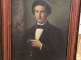 un vieux tableau représentant un homme en smoking tenant une cigarette