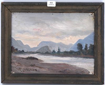 une image représentant un tableau où l'on voit une rivière avec des montagnes en arrière-plan