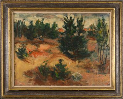 an oil painting of a landscape with trees and bushes in the foreground