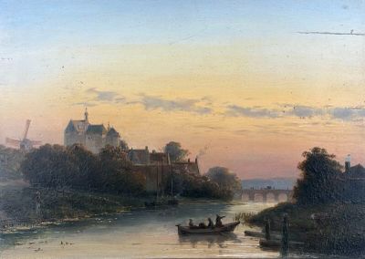 un tableau représentant des personnes dans un bateau sur l'eau