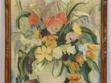 a painting of flowers in a vase on a table