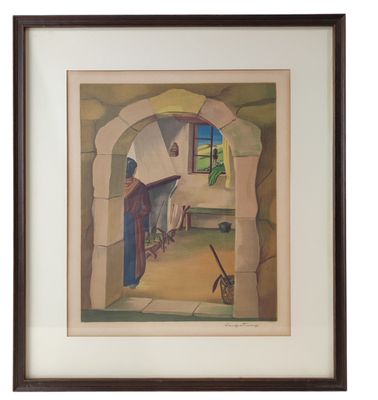 an image of a painting of a man and a dog in a doorway