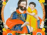 painting of jesus holding a child in his arms with flowers around him
