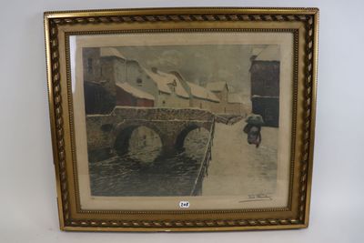 painting of a bridge over a river in a gold frame on a white wall
