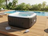 un jacuzzi installé sur une terrasse en bois à côté d'une piscine