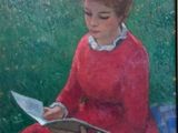 painting of a woman in a red dress sitting on a blanket reading a book