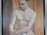 painting of a man sitting on a wooden easel in front of a wall