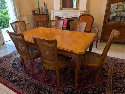 a dining room table with chairs and a rug on the floor