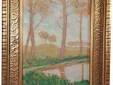 an oil painting on canvas of a landscape with trees and a river