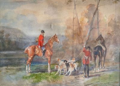 a painting of a man riding a horse with a bunch of dogs