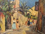 une peinture à l'huile représentant une scène de rue avec des personnes marchant dans la rue