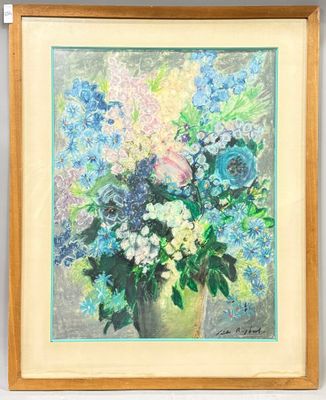 painting of a vase of flowers with blue and white flowers in it
