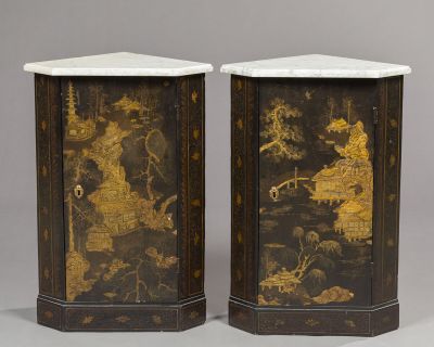 pair of antique asian style cabinets with gold and black designs