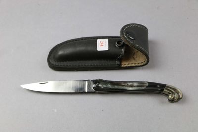 a knife that is laying next to a leather case