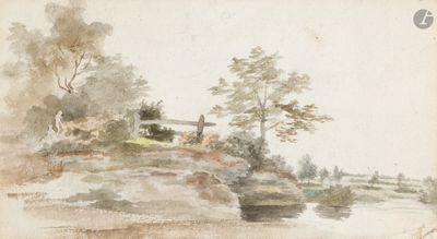 dessin représentant une maison sur une colline, avec une rivière et des arbres au premier plan