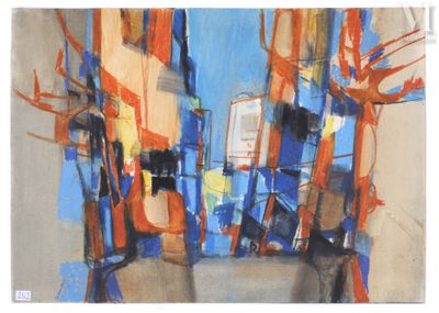 peinture abstraite d'une scène de rue avec un bâtiment bleu et des arbres orange