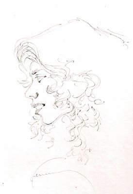 dessin représentant une femme aux cheveux bouclés, coiffée d'un chapeau