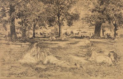 dessin représentant un groupe de personnes assises dans l'herbe, à l'ombre des arbres