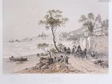 painting of a group of people on a beach next to a body of water