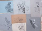 many sketches of people sitting on top of a pile of papers