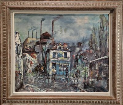 an oil painting of a street scene with a train passing by