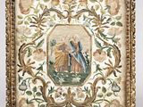 une tapisserie encadrée représentant deux femmes dans un jardin