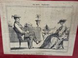 an old drawing of a man and a woman sitting on a bench
