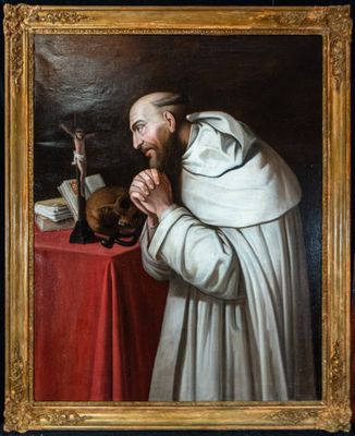 a painting of a man in a white robe holding a skull