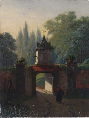 painting of a castle gate with a person walking through it