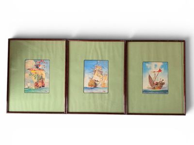 three framed pictures of a sailboat and a sailboat on a green background