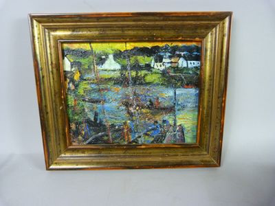 an image of a painting of a river scene with a house in the background