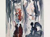 an image of a watercolor painting of a group of people in a forest